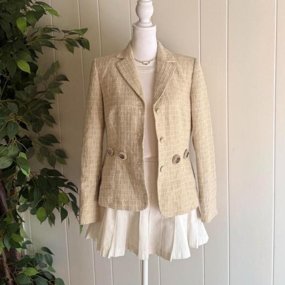 Albert Nipon Cream Shimmer Plaid Blazer Women's Size 4 Workwear